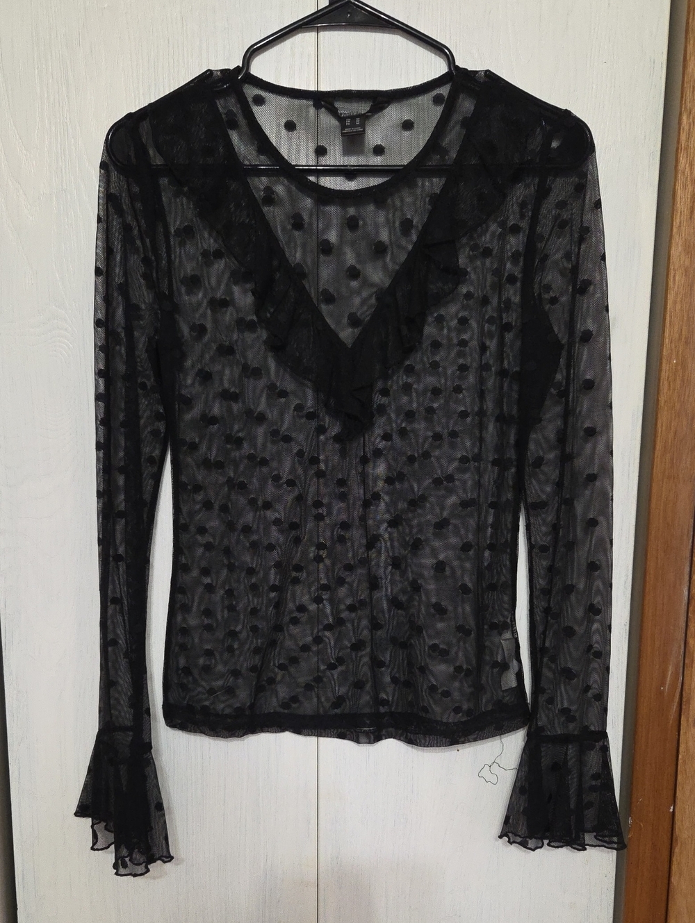 Streetwear Society Black Sheer Dot Ruffle Long Sleeve Top